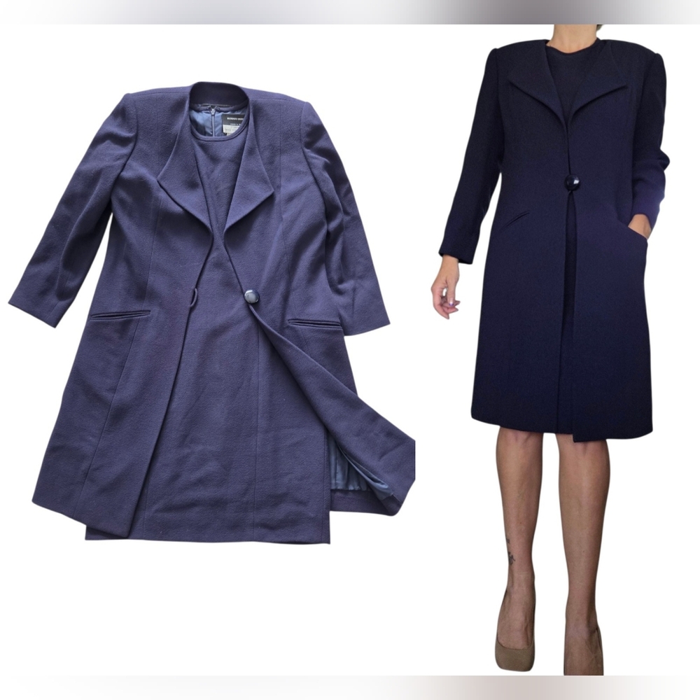 Richard Carriere Wool Dress Coat Set Sz 8 Navy Silk Lined France Old Money Royal